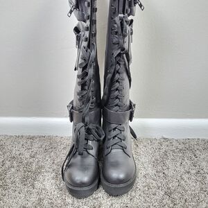 DOLLS KILL Black Knee Combat Goth Punk Lace-Up Current Mood Boots Obsidian US 11